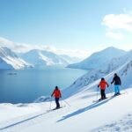 Síelők a hófödte Narvikfjelleten hegyekben, lenyűgöző tengerre néző kilátás