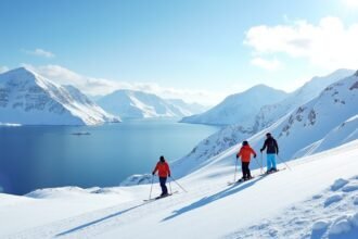 Síelők a hófödte Narvikfjelleten hegyekben, lenyűgöző tengerre néző kilátás