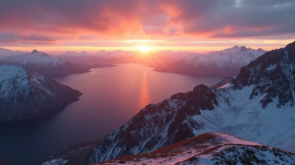 Gyönyörű naplemente Narvik hegyeiben és fjordjaiban.