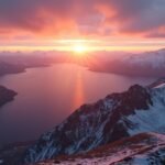 Gyönyörű naplemente Narvik hegyeiben és fjordjaiban.