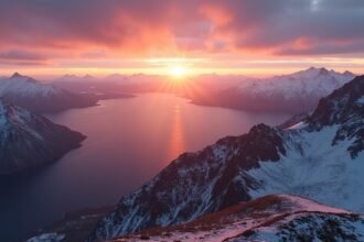 Gyönyörű naplemente Narvik hegyeiben és fjordjaiban.
