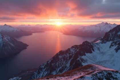 Gyönyörű naplemente Narvik hegyeiben és fjordjaiban.