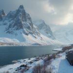 Havas hegyek és fjord a Narvik környékén, Norvégiában