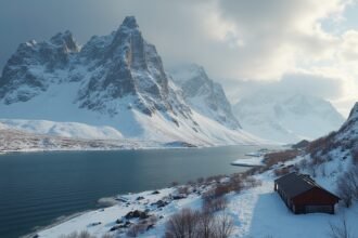 Havas hegyek és fjord a Narvik környékén, Norvégiában