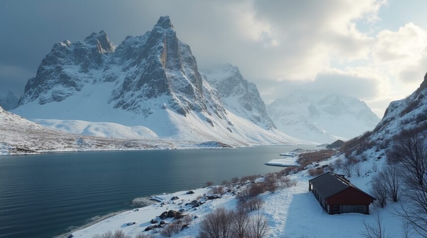 Havas hegyek és fjord a Narvik környékén, Norvégiában