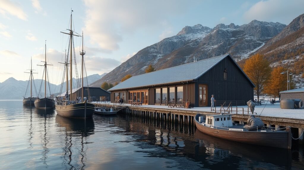 A Sandefjord Bálnavadászati Múzeum kikötője és hajói.
