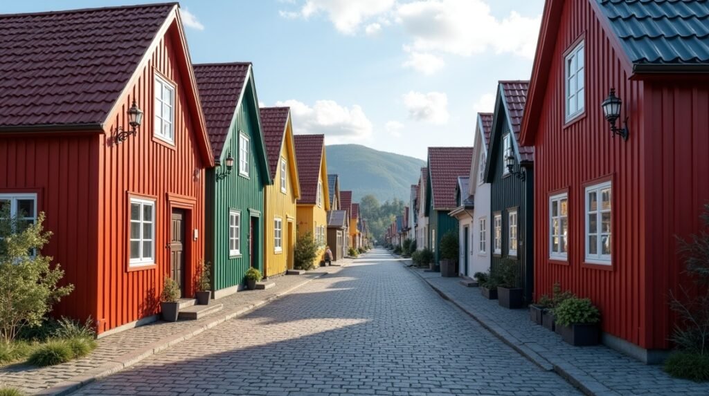 Bájos régi faházak sor Sandefjord Bjerggatáján, Norvégiában.