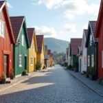 Bájos régi faházak sor Sandefjord Bjerggatáján, Norvégiában.