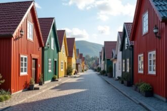 Bájos régi faházak sor Sandefjord Bjerggatáján, Norvégiában.