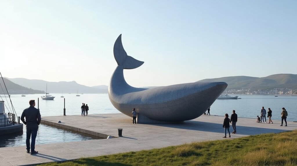 A Bálnavadász emlékmű a sandefjordi kikötőben, Norvégiában.