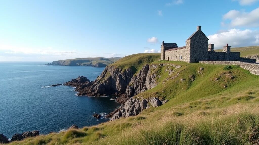 A Folehavna erőd romjai tengerparti panorámával Sandefjord közelében.