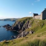 A Folehavna erőd romjai tengerparti panorámával Sandefjord közelében.