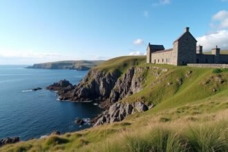 A Folehavna erőd romjai tengerparti panorámával Sandefjord közelében.
