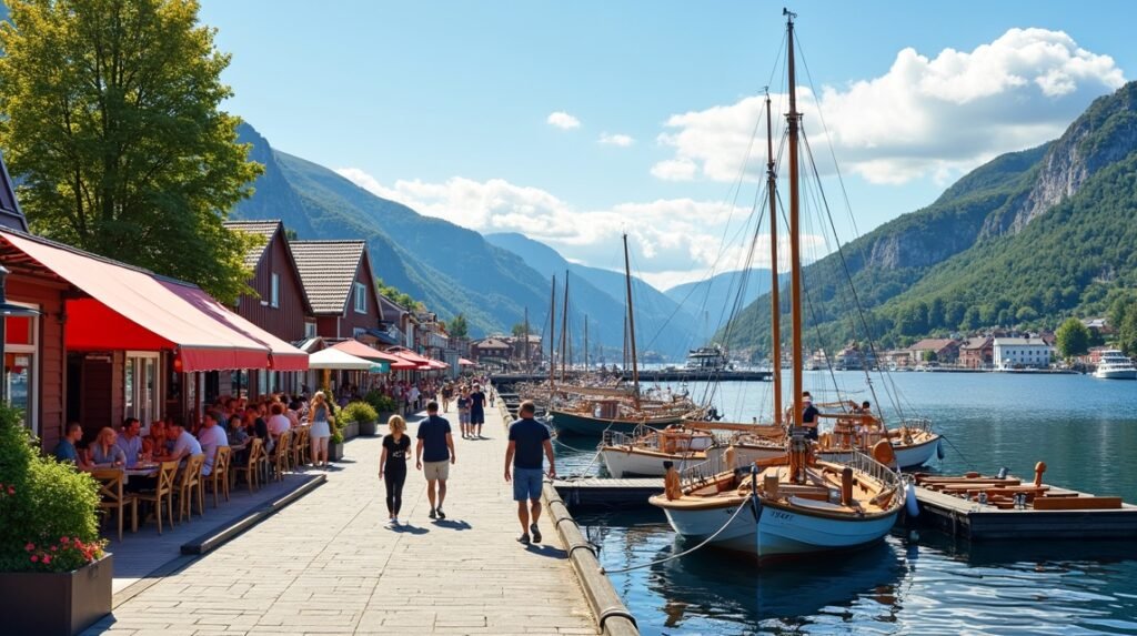 Sandefjord kikötője a Bryggában, hajók és hangulatos kávézók környezetében.
