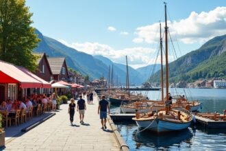 Sandefjord kikötője a Bryggában, hajók és hangulatos kávézók környezetében.