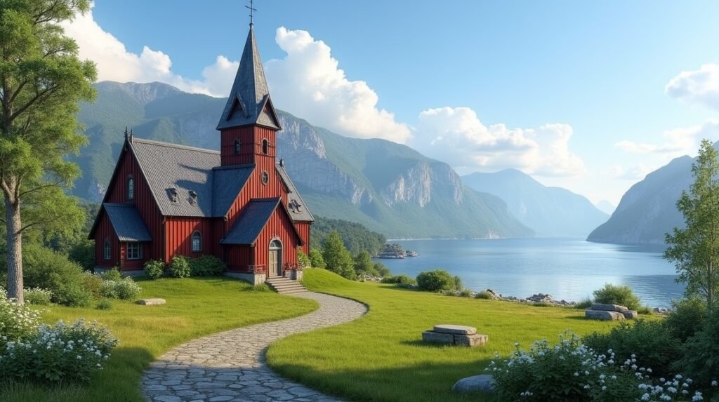 Sandefjord templom lenyűgöző építészettel Norvégia gyönyörű táján.