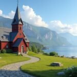 Sandefjord templom lenyűgöző építészettel Norvégia gyönyörű táján.