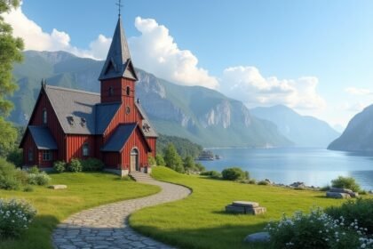 Sandefjord templom lenyűgöző építészettel Norvégia gyönyörű táján.