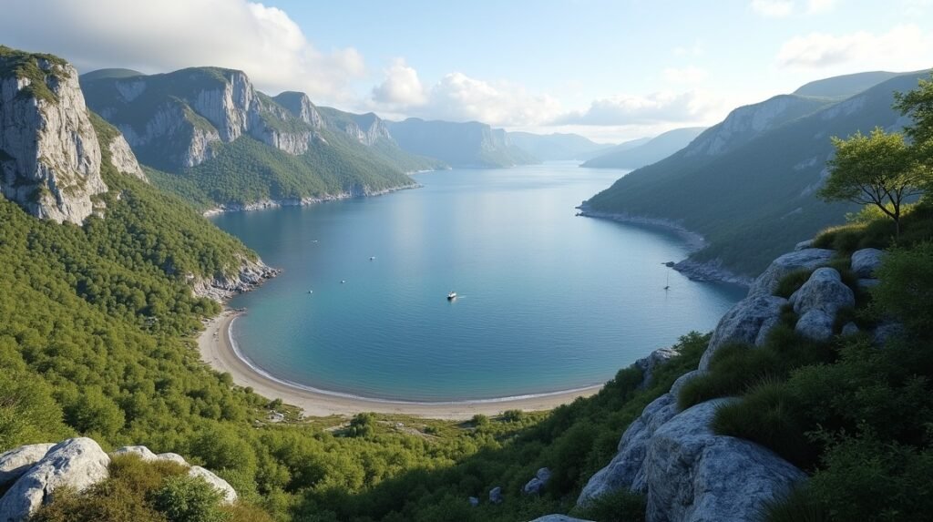 Kilátás a Sandefjord-i Kyststien túraútvonalra, zöld hegyek és tengerpart.