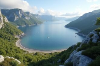 Kilátás a Sandefjord-i Kyststien túraútvonalra, zöld hegyek és tengerpart.