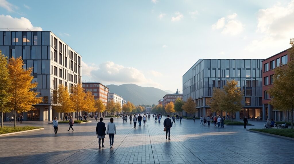 Trondheim diákvárosa, modern épületek és diákok a főutcán.