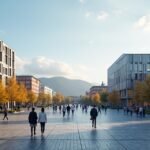 Trondheim diákvárosa, modern épületek és diákok a főutcán.