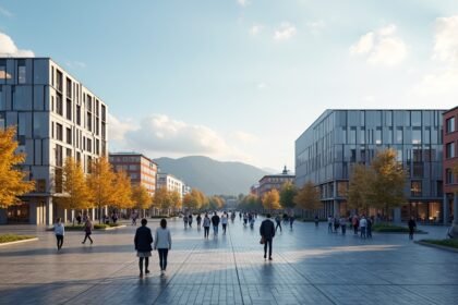 Trondheim diákvárosa, modern épületek és diákok a főutcán.