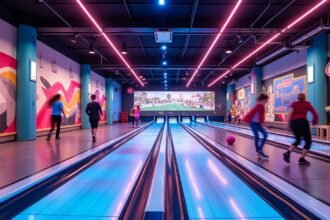 Modern bowling pálya Sandefjordban, gyerekek játék közben.