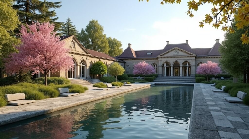 A gyönyörű Sandefjord fürdő Badeparken tavaszi látképe virágzó fákkal.