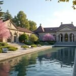 A gyönyörű Sandefjord fürdő Badeparken tavaszi látképe virágzó fákkal.