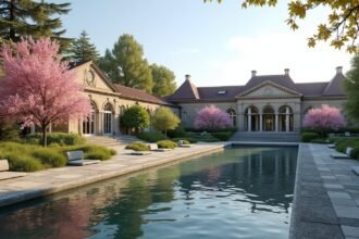 A gyönyörű Sandefjord fürdő Badeparken tavaszi látképe virágzó fákkal.