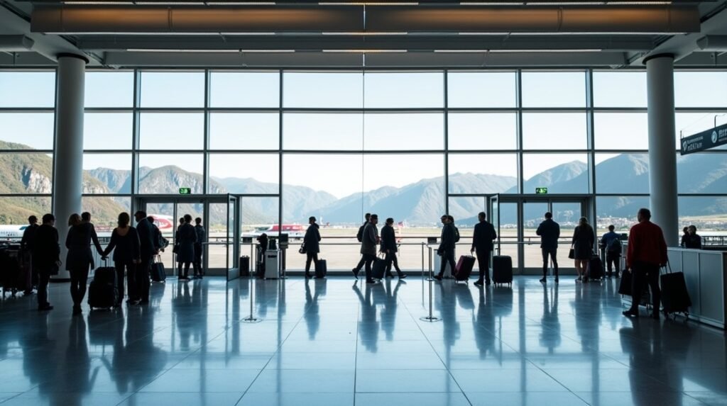 Utazók a Sandefjord–Torp repülőtér terminálján Norvégiában.