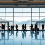 Utazók a Sandefjord–Torp repülőtér terminálján Norvégiában.