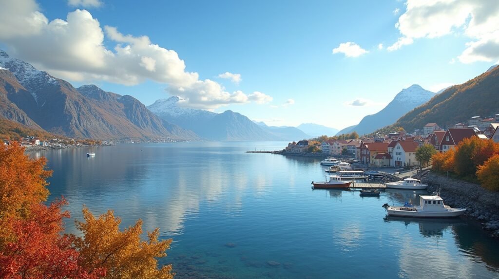 Tavaszi táj Sandefjord közelében, Norvégia, csodás vízpart és hegyek