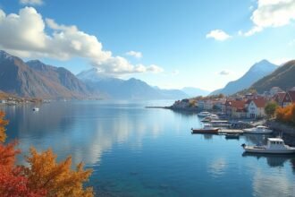 Tavaszi táj Sandefjord közelében, Norvégia, csodás vízpart és hegyek