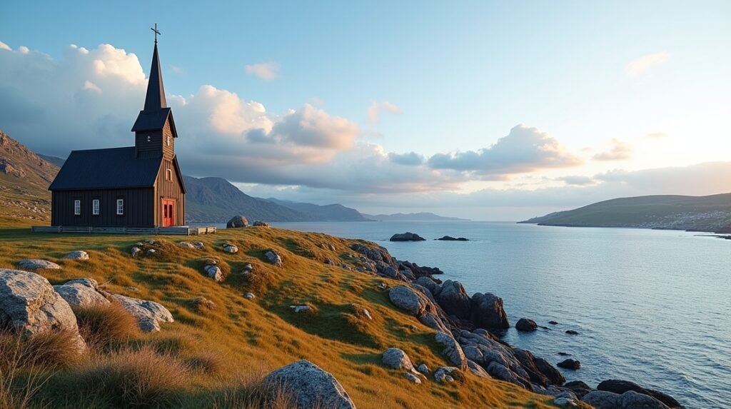 A rusztikus fatemplom a Grip szigeten, Kristiansund mellett.