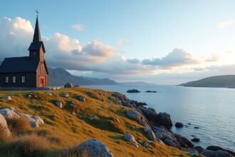 A rusztikus fatemplom a Grip szigeten, Kristiansund mellett.