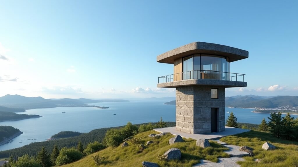 Varden kilátótorony Kristiansund felett, panorámás kilátással a fjordokra.