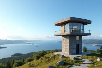 Varden kilátótorony Kristiansund felett, panorámás kilátással a fjordokra.