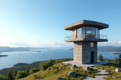Varden kilátótorony Kristiansund felett, panorámás kilátással a fjordokra.