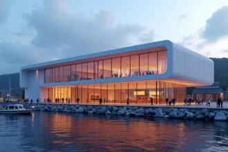 Festiviteten operaház Kristiansundban, lenyűgöző építkezés és tengerre néző kilátás.