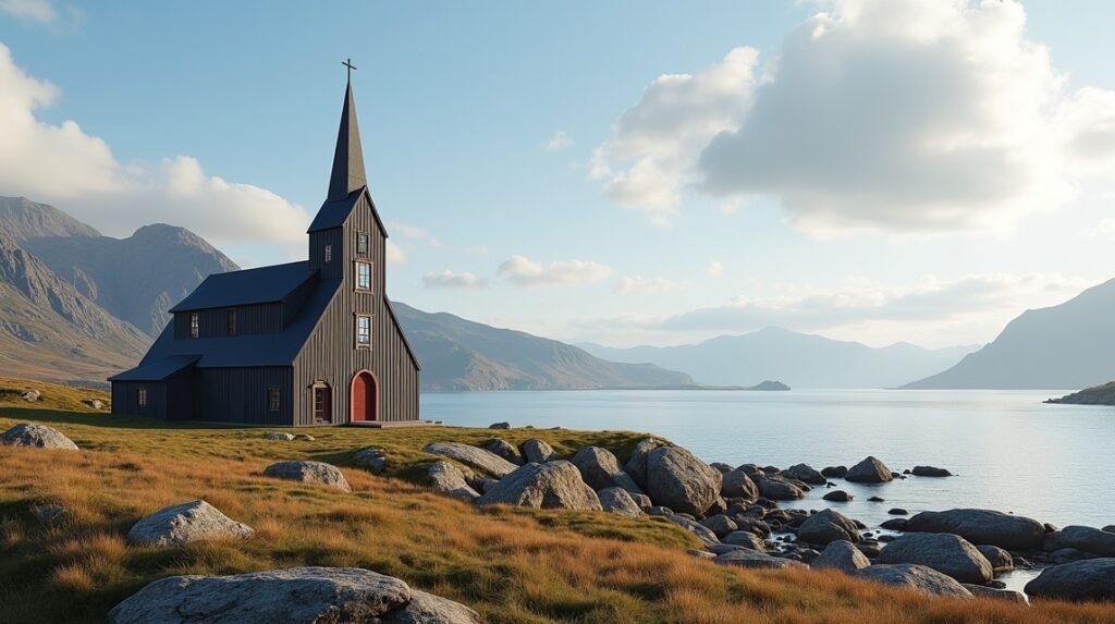 Nordlandet templom Kristiansundban modern faépítészettel és panorámával