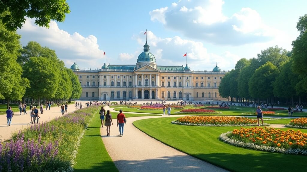 A Királyi Palota és parkja Oslo, Norvégia zöld területekkel és virágágyásokkal.