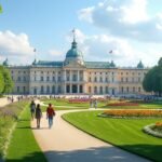 A Királyi Palota és parkja Oslo, Norvégia zöld területekkel és virágágyásokkal.