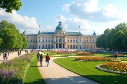 A Királyi Palota és parkja Oslo, Norvégia zöld területekkel és virágágyásokkal.