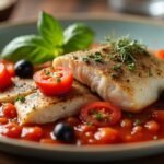 Füstölt tőkehal paradicsomos szószban friss zöldségekkel