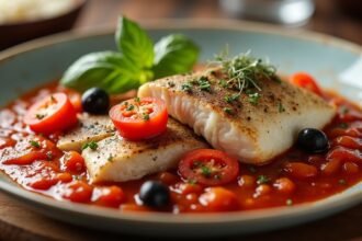 Füstölt tőkehal paradicsomos szószban friss zöldségekkel