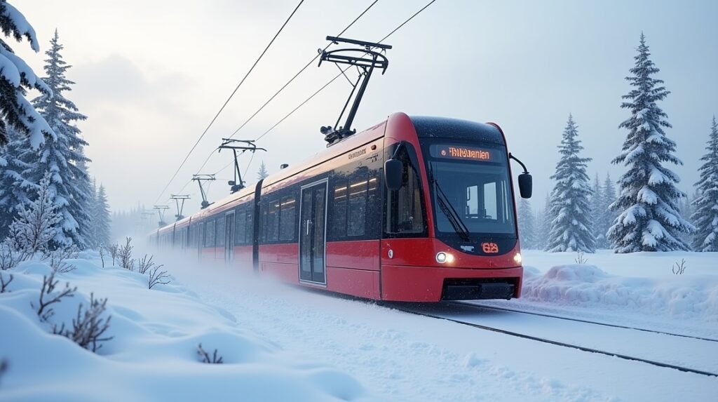 A Gråkallbanen villamos a hóban Trondheim környékén.