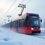 A Gråkallbanen villamos a hóban Trondheim környékén.