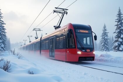 A Gråkallbanen villamos a hóban Trondheim környékén.